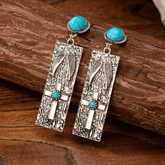 Western Boho Turquoise Cross Dangle Earrings - Picture 2 of 5